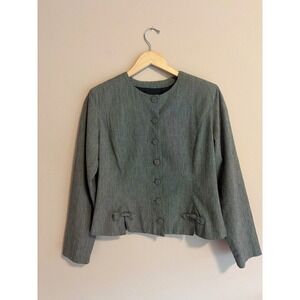 Grey Textured‎ Collarless Button Front Blazer Bow Detail Jacket Womens M